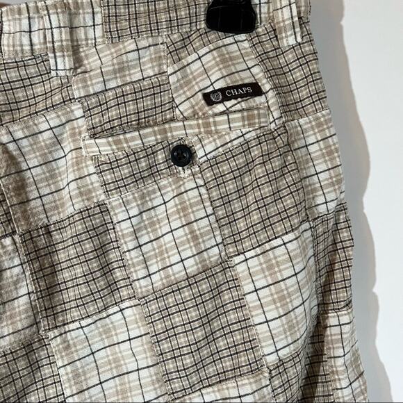 Chaps Patchwork Madras Plaid Shorts Sz 36 x 9" Inseam Brown Cream Preppy Coastal - Picture 3 of 5